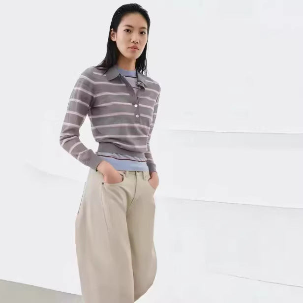 Women's fine knit polo sweater with button placket and fine horizontal stripes Mune Fashion