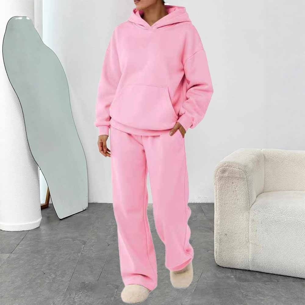 Women's two-piece leisure lounge set with hoodie, kangaroo pocket, and straight lounge pants made of soft cotton blend Mune Fashion