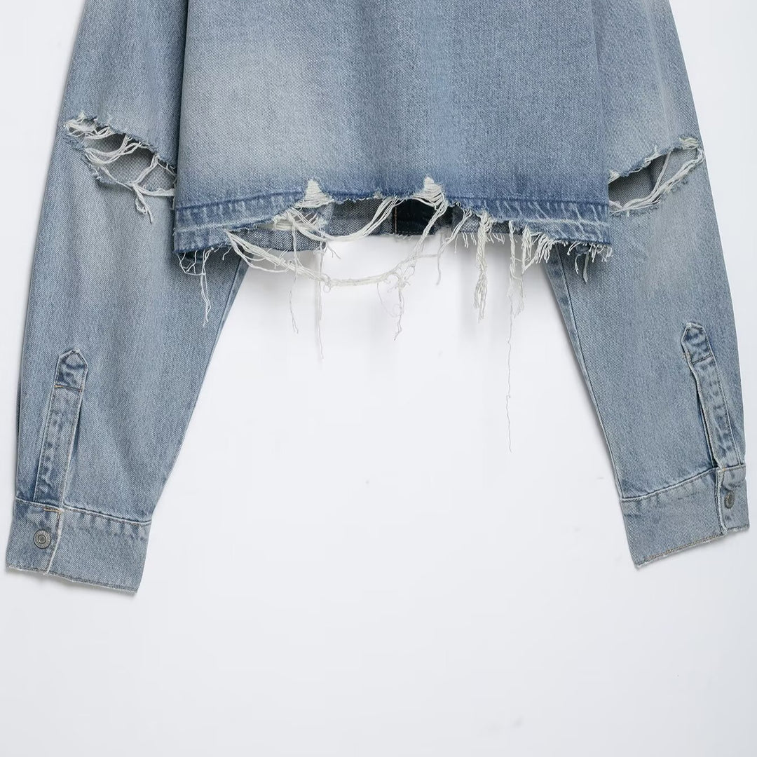 Women's Cropped Denim Jacket in Used-Look with Frayed Hem and Oversized Sleeves Mune Fashion