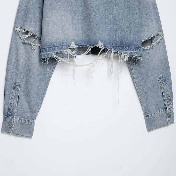 Women's Cropped Denim Jacket in Used-Look with Frayed Hem and Oversized Sleeves Mune Fashion
