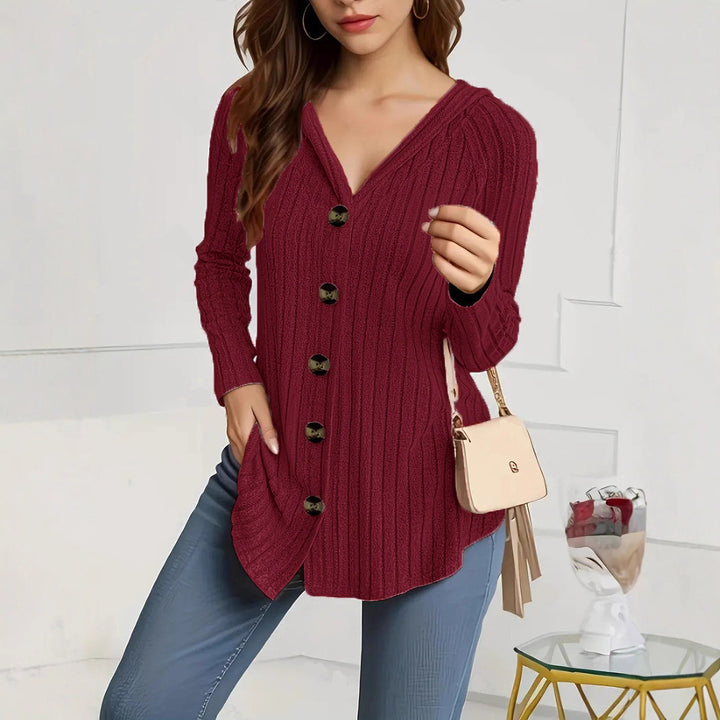 Women's concealing ribbed knit cardigan with V-neck and decorative buttons Mune Fashion