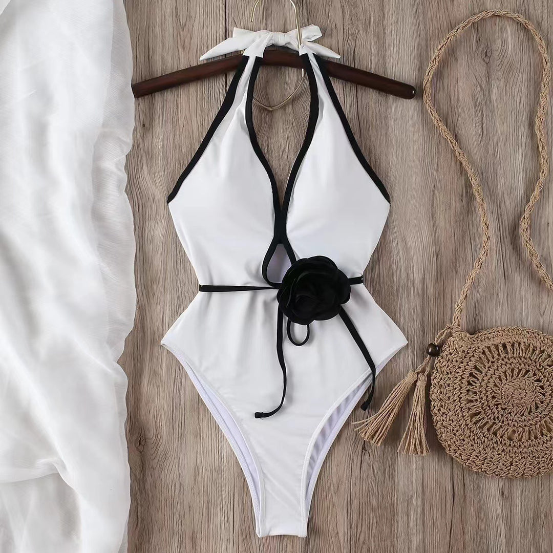 Women's One-Piece Swimsuit with Floral Waist Belt and Deep V-Neck Mune Fashion