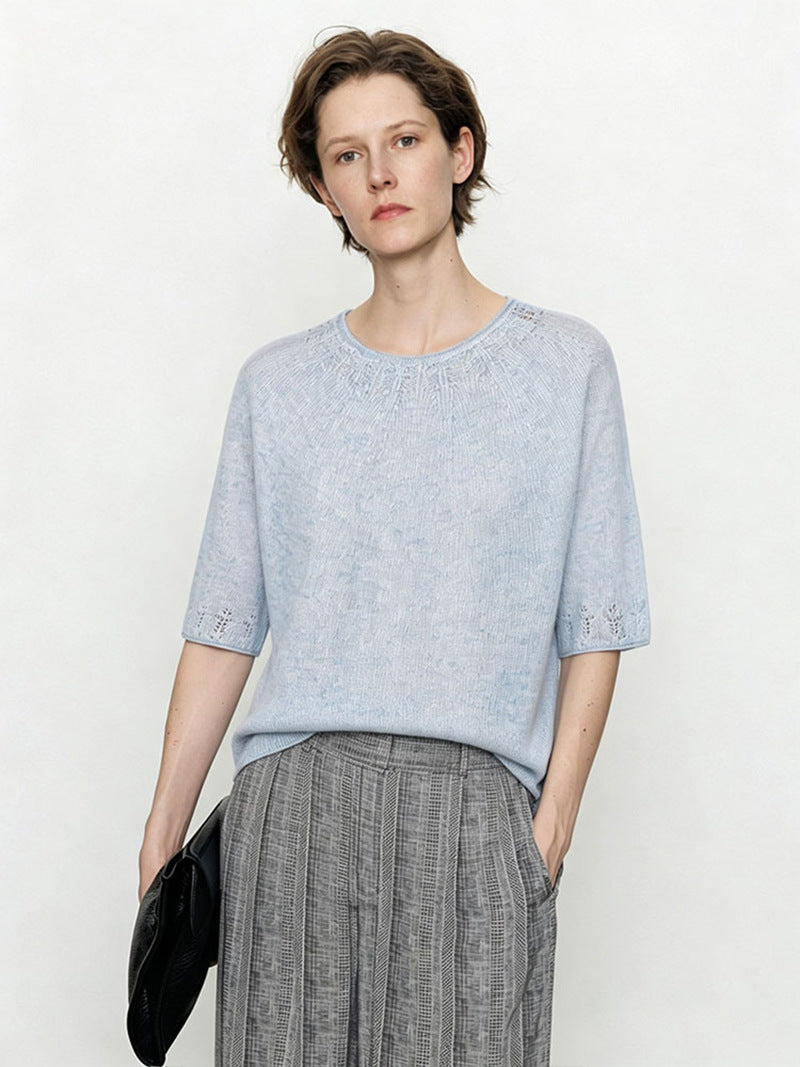 Ladies Lightweight Fine Knit Top with Half Sleeves, Round Neck and Fine Lace Pattern Mune Fashion