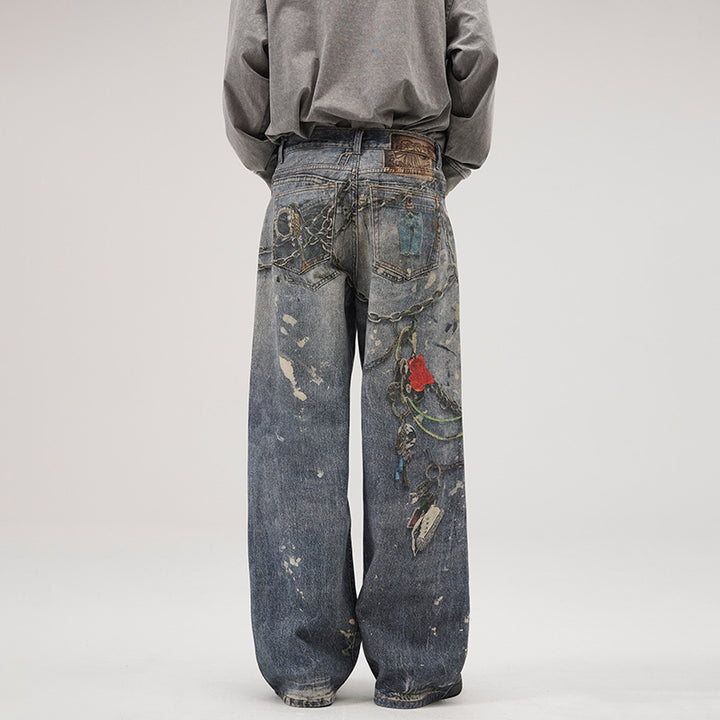 Men's Loose Fit Stonewashed Denim Jeans with Chain Print, Color Splatter and Floor-Length Hem Mune Fashion