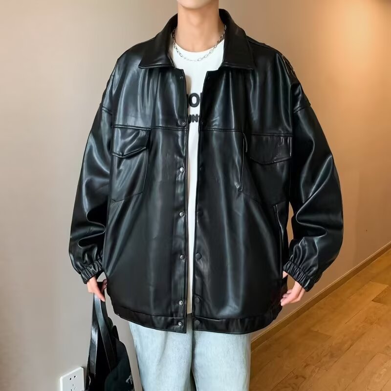 Men's Oversized PU Leather Shacket with Flap Pockets and Elastic Cuffs Mune Fashion