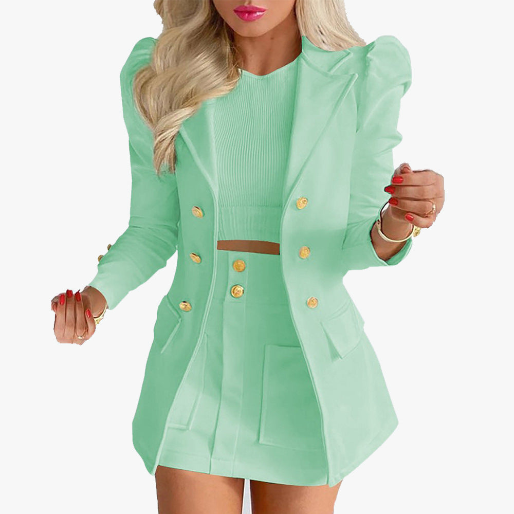 Ladies nan tailored two-piece business suit with double-breasted blazer and figure-hugging mini skirt Mune Fashion