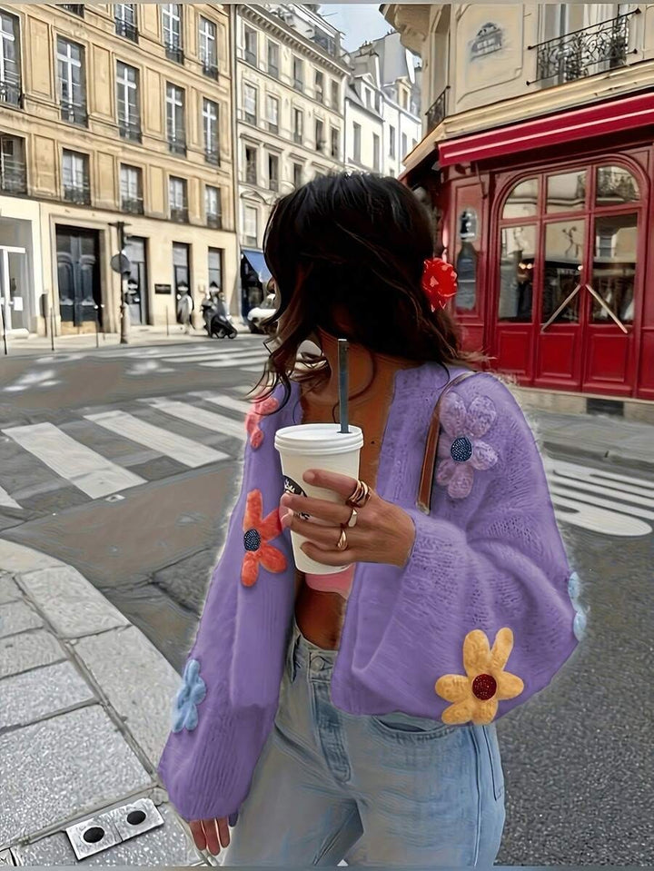 Women's Oversize Knit Cardigan with 3D Flower Appliqués Mune Fashion