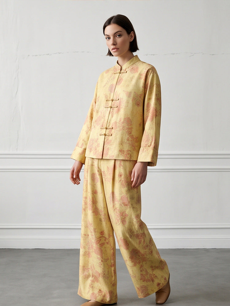 Womens Two-Piece Jacquard Set with Mandarin Collar and Wide Cut Trousers Mune Fashion