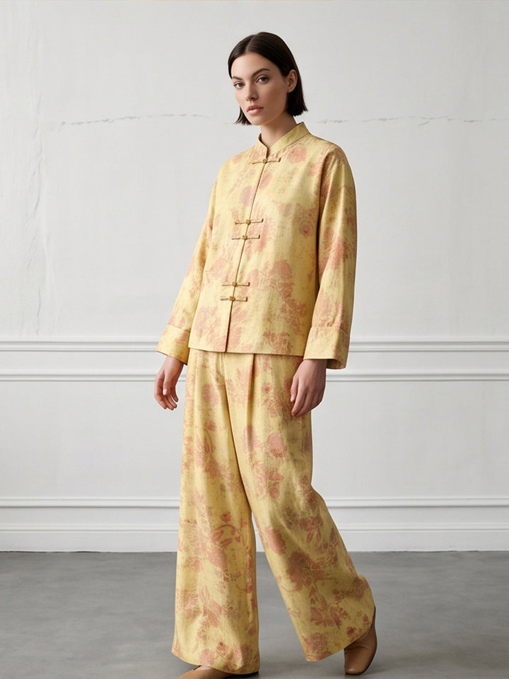 Womens Two-Piece Jacquard Set with Mandarin Collar and Wide Cut Trousers Mune Fashion