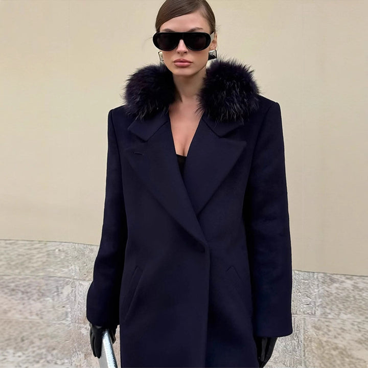 Women's long wool blend coat with generous faux fur shawl collar and oversized cut Mune Fashion