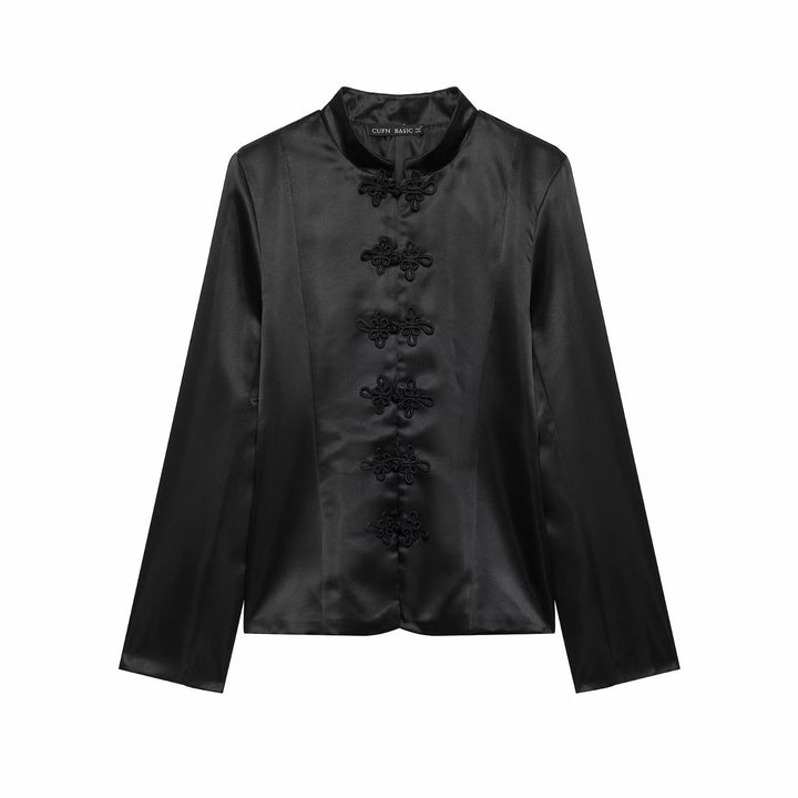 Women's satin jacket in Chinese style with stand-up collar and decorative knot closures Mune Fashion