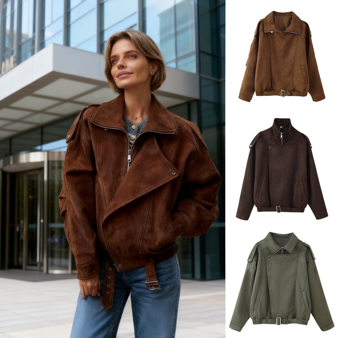 Women's short jacket in biker blouson style with belt and asymmetrical flap Mune Fashion