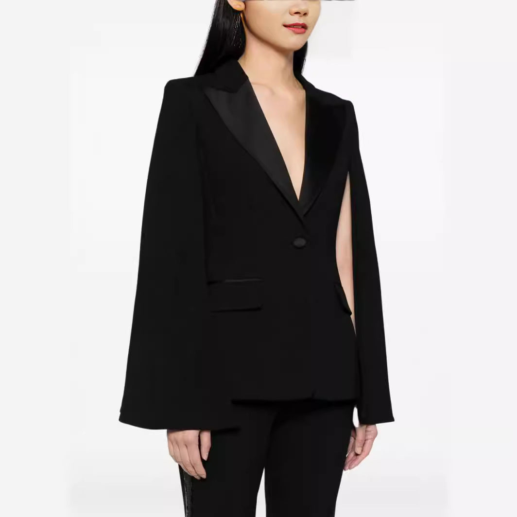 Women's Two-Piece Evening Blazer Set with Cape Sleeves and Flared Marlene Pants Mune Fashion