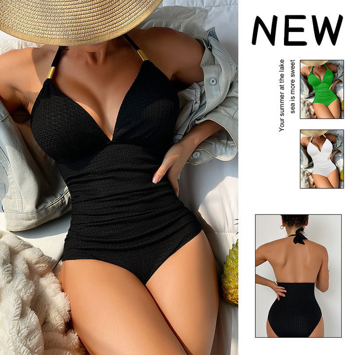 Women Elegant V-Neck One-Piece Swimsuit Mune Fashion