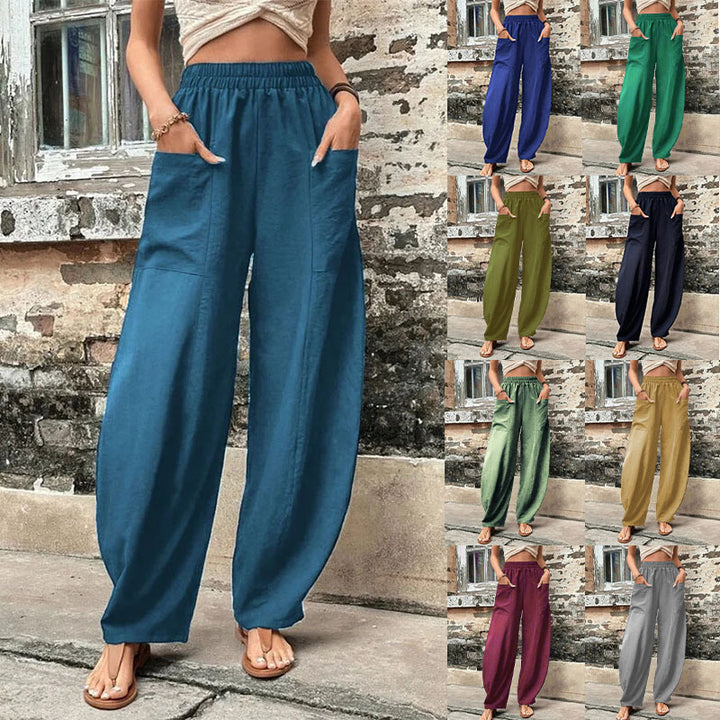 Women Wide Linen Trousers with Elastic Waistband, Patch Pockets and Casual Harem Cut Mune Fashion