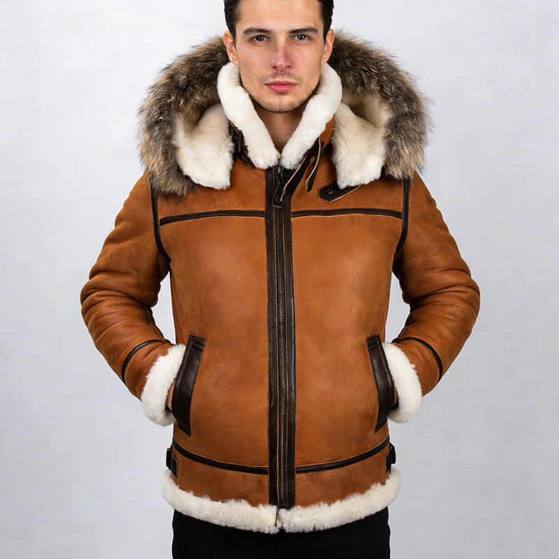 Men's shearling bomber jacket in aviator style with hood and contrasting leather trim Mune Fashion