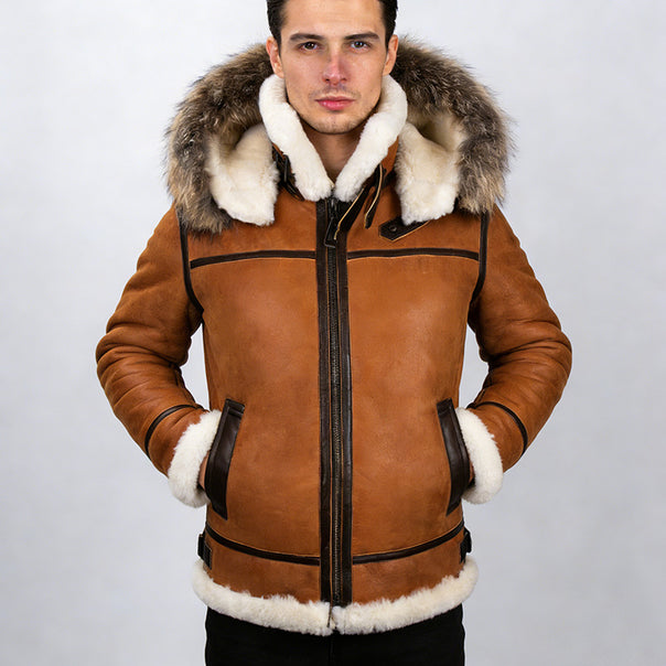 Men's shearling bomber jacket in aviator style with hood and contrasting leather trim Mune Fashion