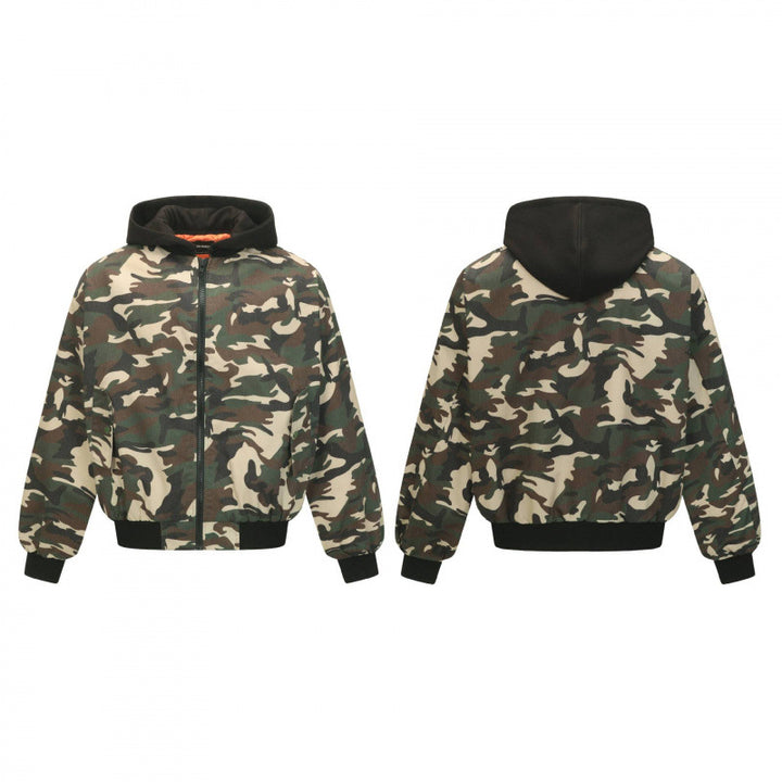 Unisex short-cut camouflage hoodie bomber jacket with padded lining and elastic cuffs Mune Fashion
