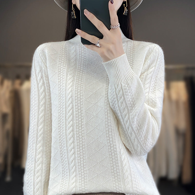 Women's Soft Cable Knit Mock Neck Sweater with Light Mohair Effect Mune Fashion