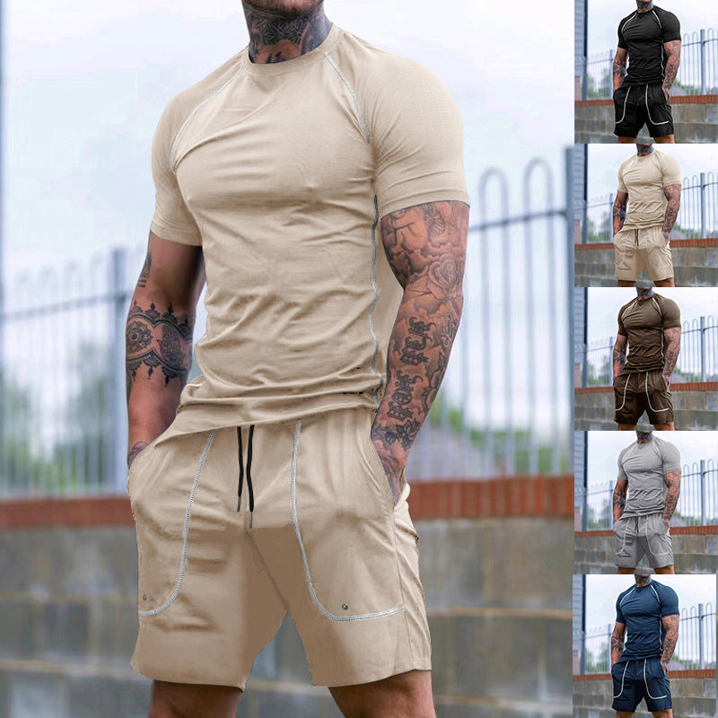 Men's Raglan-Fit Short Sleeve Shirt and Drawstring Shorts Set made of breathable stretch jersey with contrast stitching Mune Fashion