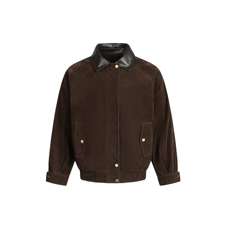 Men's Boxy Suede Leather Blouson with Contrasting Leather Collar and Snap Flap Pockets Mune Fashion