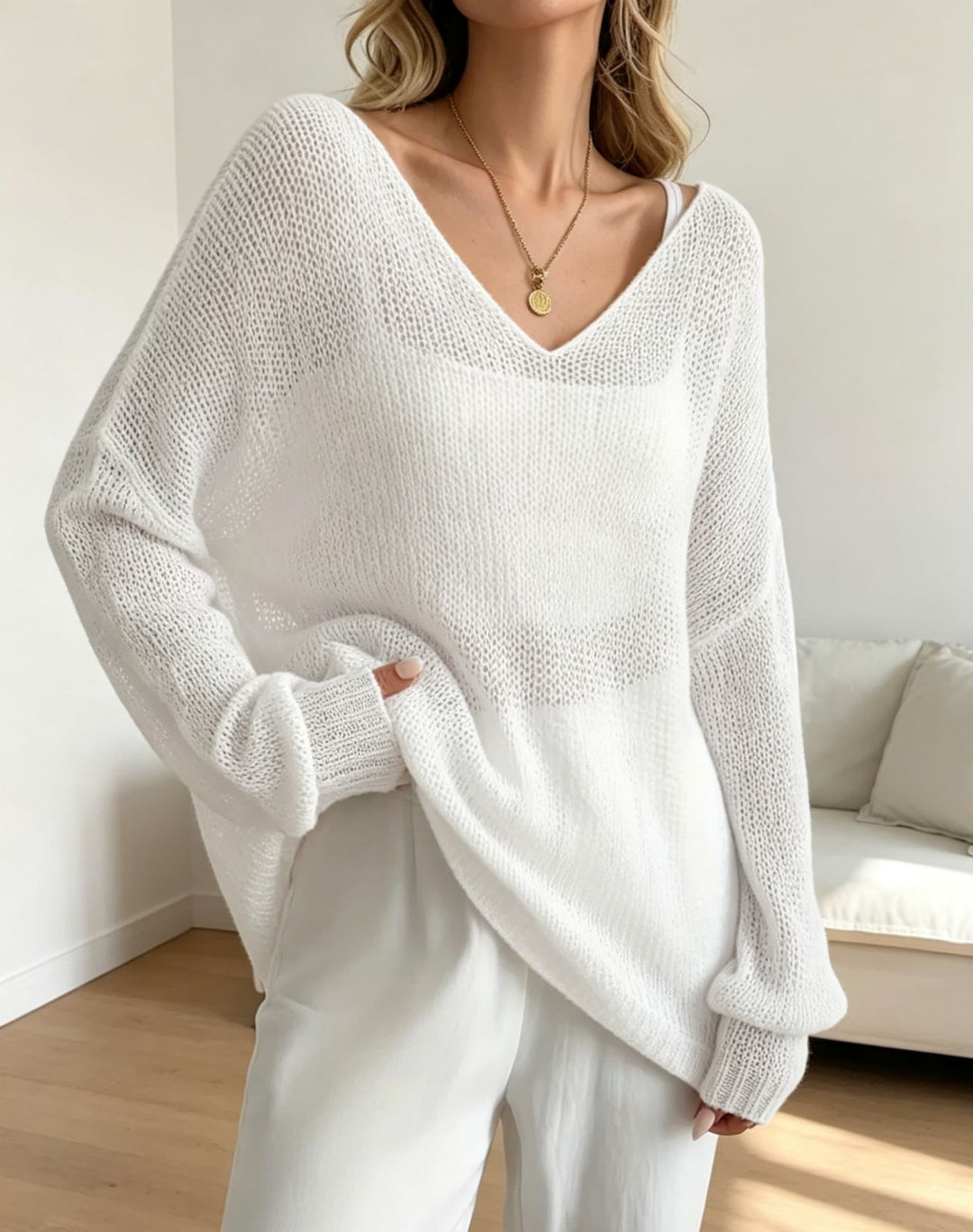 Women's Oversized Knit Sweater with Deep V-Neck and Fine Open Knit Structure Mune Fashion