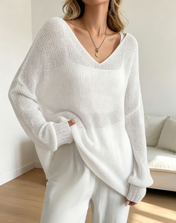 Women's Oversized Knit Sweater with Deep V-Neck and Fine Open Knit Structure Mune Fashion