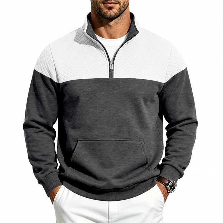 Men's Stand Collar Sweatshirt with Half Zip, Quilted Shoulder Yoke and Kangaroo Pocket Mune Fashion