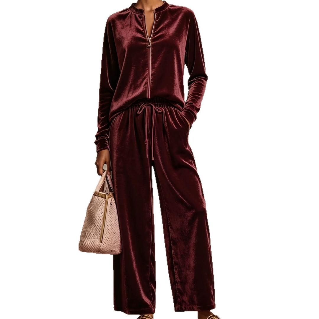 Women's velvety lounge set with stand-up collar zip top and drawstring pants Mune Fashion