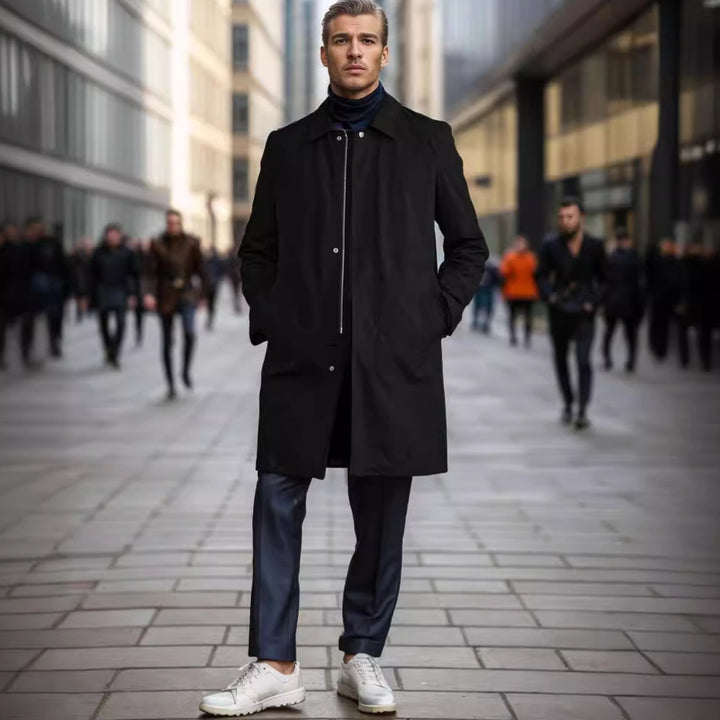 Men's Mid-Length Single-Breasted Coat with Concealed Button Placket and Tailored Silhouette Mune Fashion