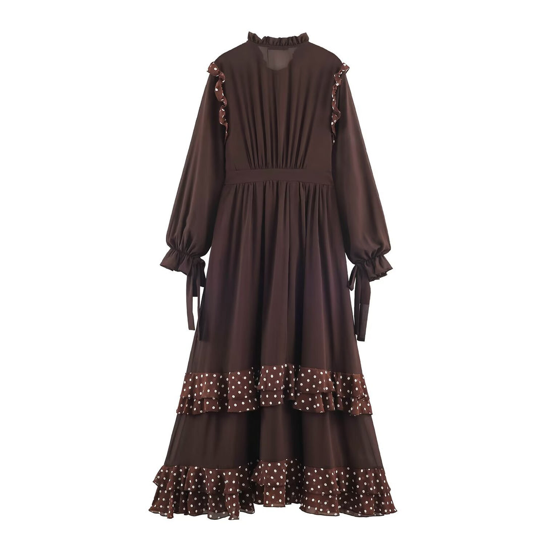 Women’s Midi Dress with Ruffle Layers, Stand Collar and Balloon Sleeves Mune Fashion
