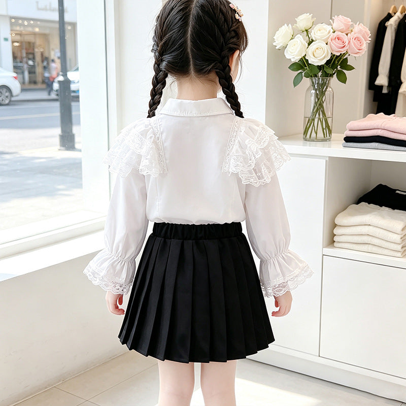 Girls blouse with airy lace trim and ruffle details Mune Fashion