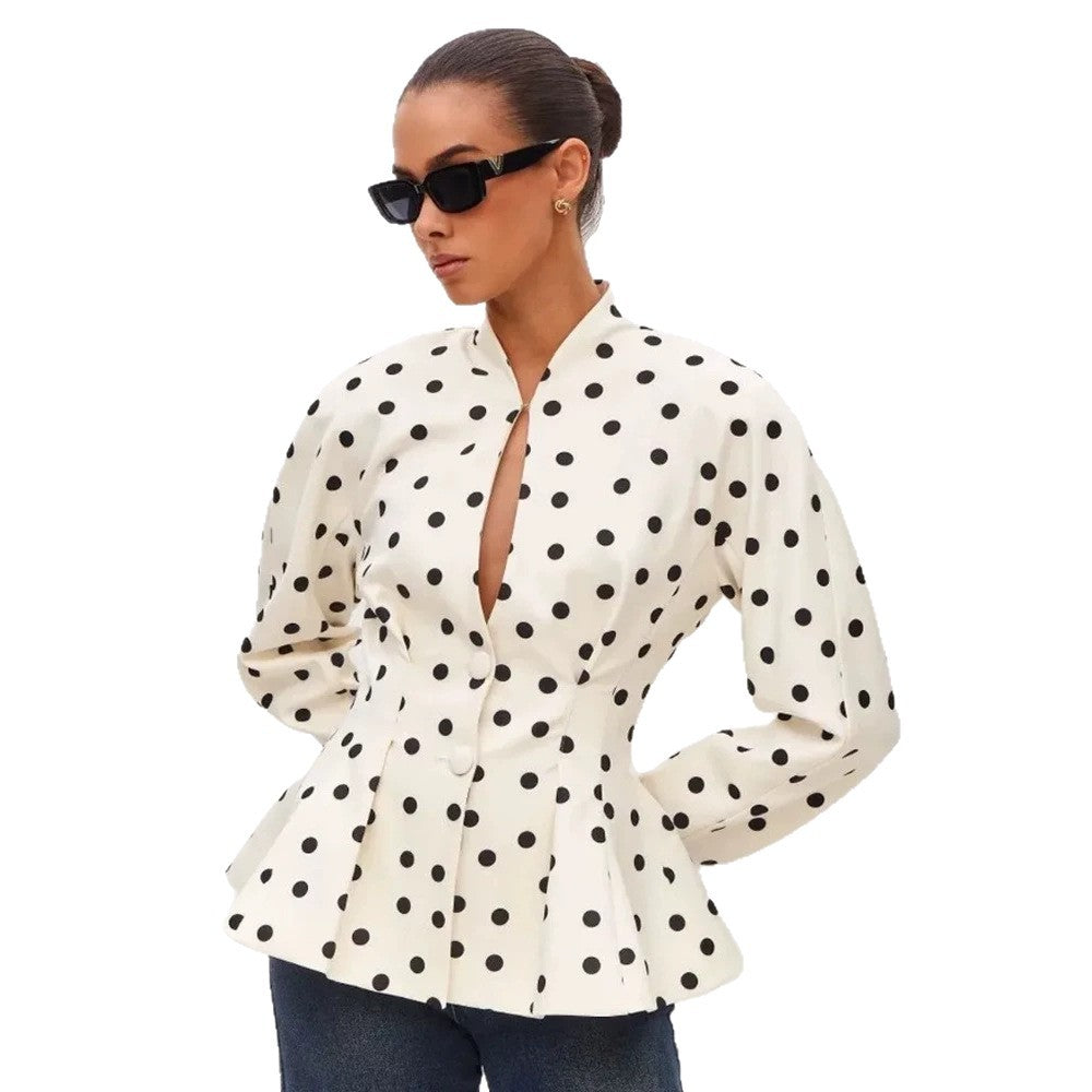 Women's Polka Dot Fitted Peplum Blouse with Stand-up Collar and Concealed Button Placket Mune Fashion