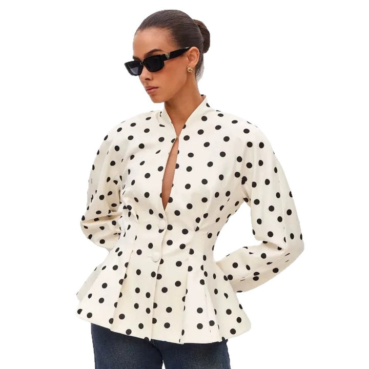 Women's Polka Dot Fitted Peplum Blouse with Stand-up Collar and Concealed Button Placket Mune Fashion