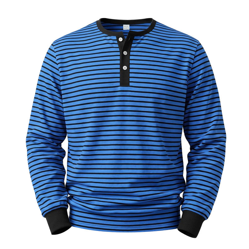 Men's Long Sleeve Henley Shirt made of Cotton Mix with Fine Stripes and Button Placket Mune Fashion