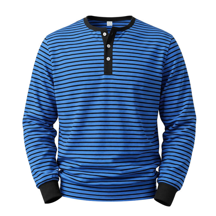 Men's Long Sleeve Henley Shirt made of Cotton Mix with Fine Stripes and Button Placket Mune Fashion