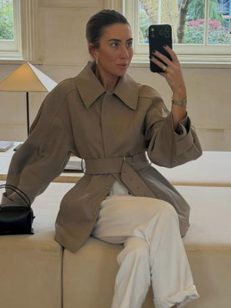 Women's Short Trench Coat with Waist Belt, Dropped Shoulder and Voluminous Balloon Sleeves Mune Fashion