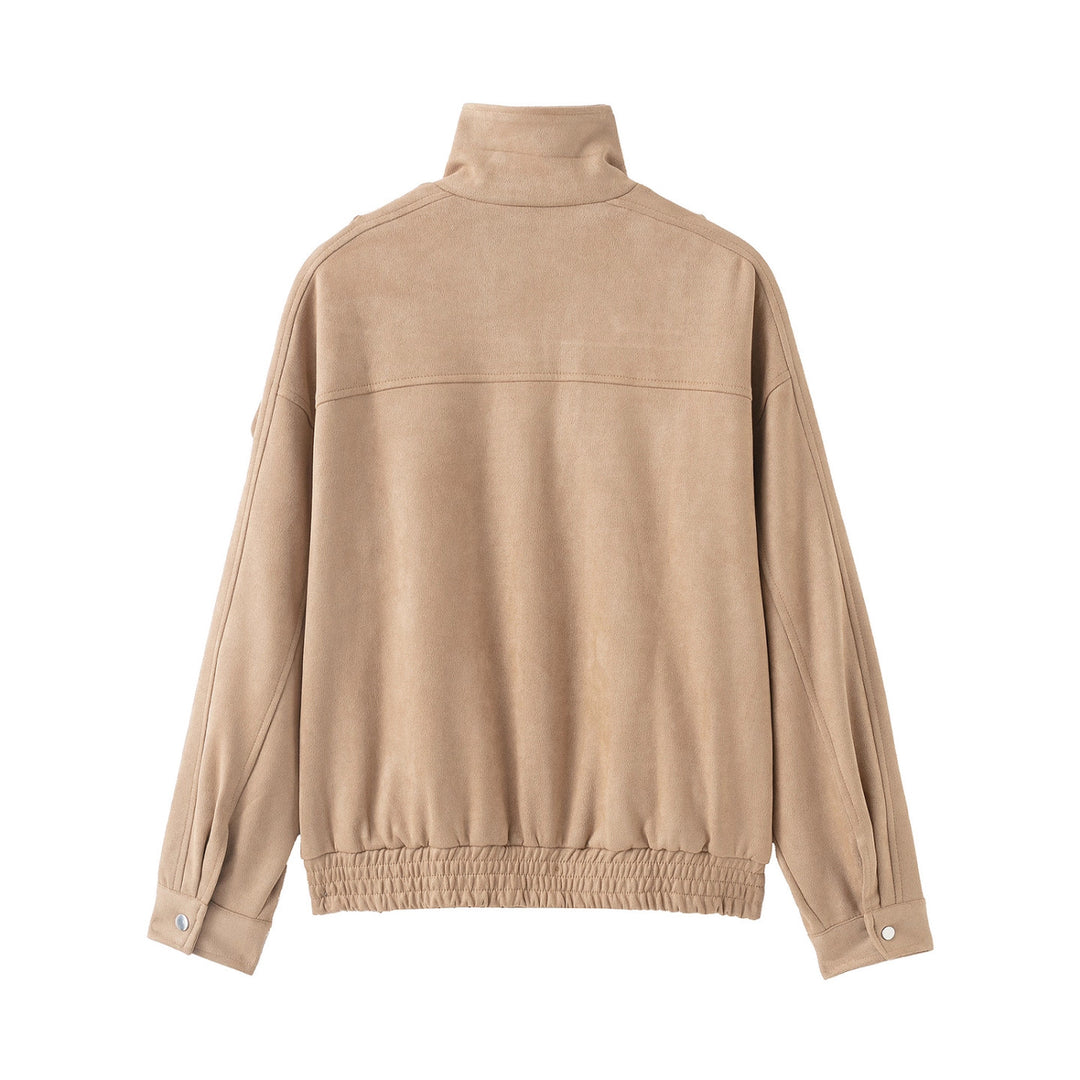 Women's short jacket in suede look with high stand-up collar, shoulder flaps and waist belt Mune Fashion