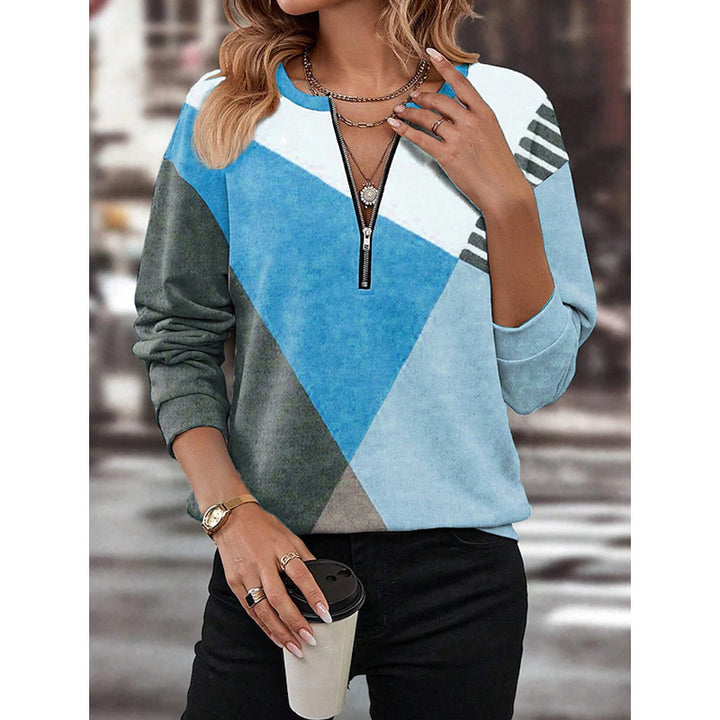 Women's leisure sweatshirt with half zipper and geometric color block pattern Mune Fashion