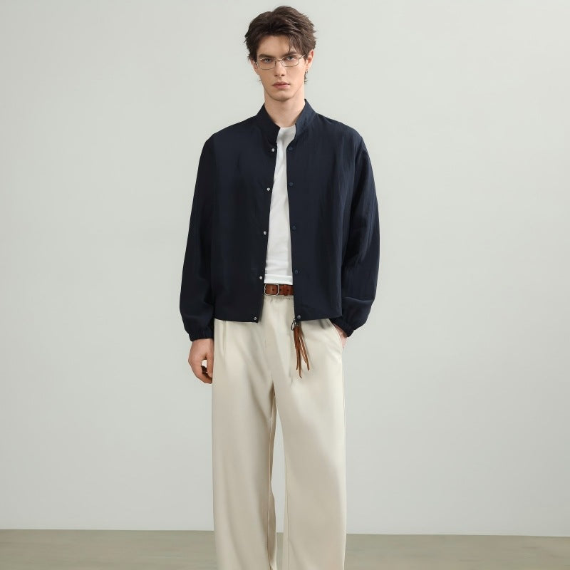 Men's Oversized Shirt with Stand Collar, Snap Button Closure, and Elastic Cuffs Mune Fashion