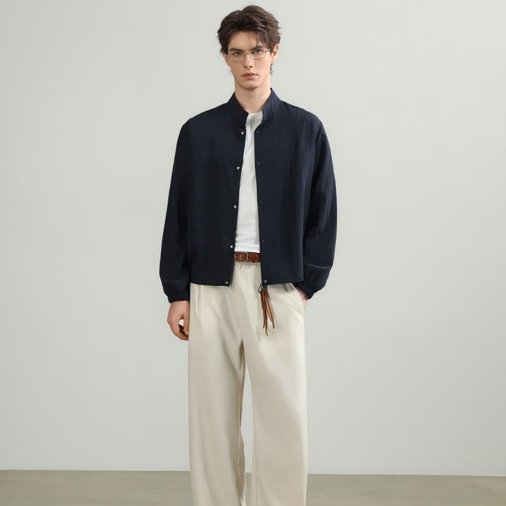 Men's Oversized Shirt with Stand Collar, Snap Button Closure, and Elastic Cuffs Mune Fashion