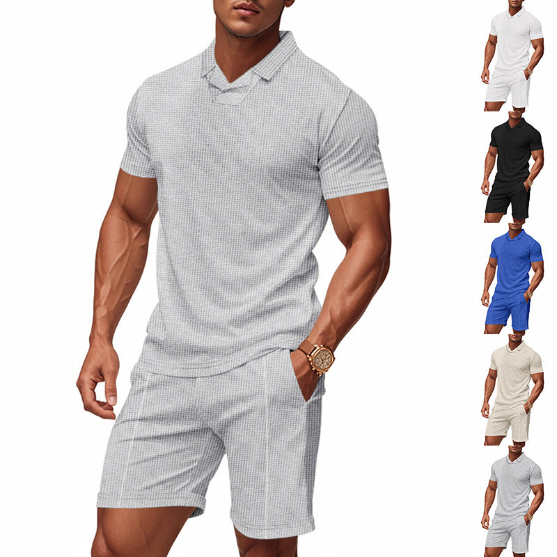 Men's casual waffle structured leisure set with lapel collar short sleeve shirt and elastic leisure shorts Mune Fashion