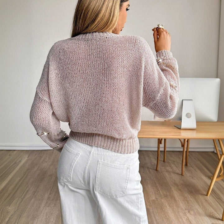 Ladies chunky knit sweater with sequin stripe, oversized fit & round neck Mune Fashion
