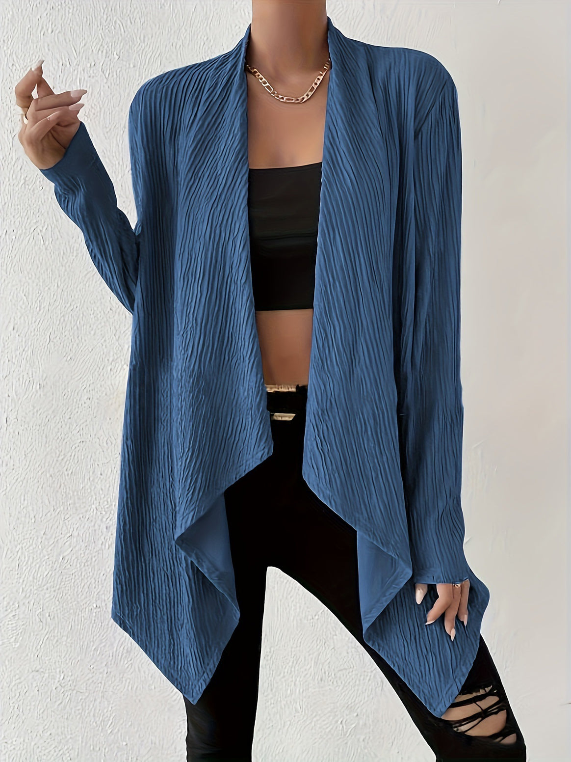 Women's Open Crinkle Cardigan with Waterfall Hem and Longline Silhouette Mune Fashion