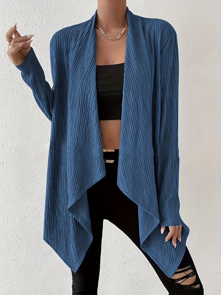 Women's Open Crinkle Cardigan with Waterfall Hem and Longline Silhouette Mune Fashion