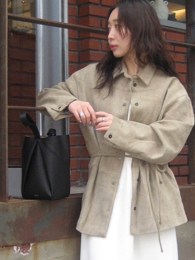 Ladies Oversized Suede-Look Utility Jacket with Drawstring Waist