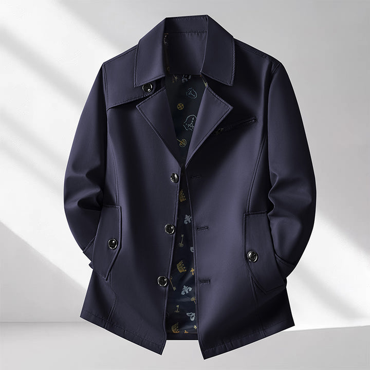 Men's transitional jacket in urban short trench style with notch collar, chest zipper, and patch pockets Mune Fashion