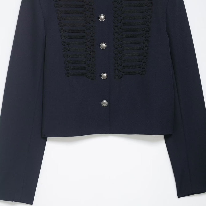 Women Short Military-Inspired Wool Blend Blazer with Stand-Up Collar and Decorative Cord Detail Mune Fashion