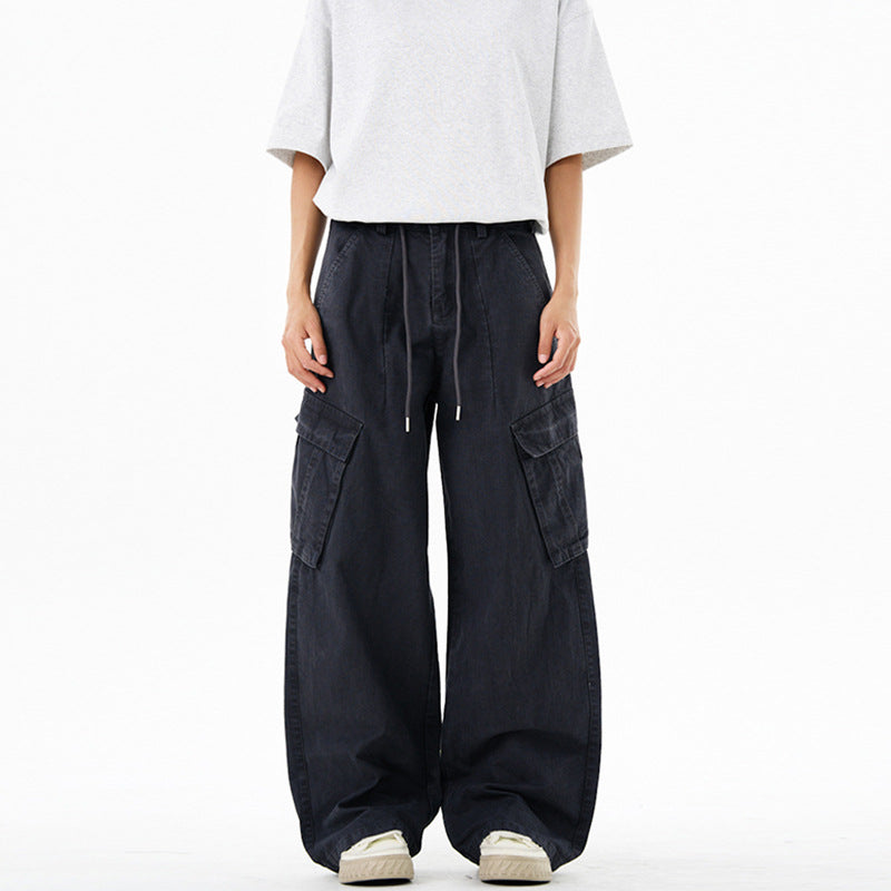 Women's Extra Wide Cargo Denim Palazzo Pants with Drawstring Waistband and Flap Pockets Mune Fashion