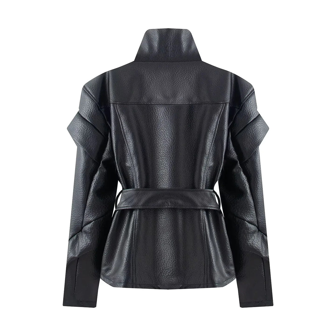 Women's fitted faux leather jacket with asymmetric zipper, high stand-up collar, and tie belt Mune Fashion